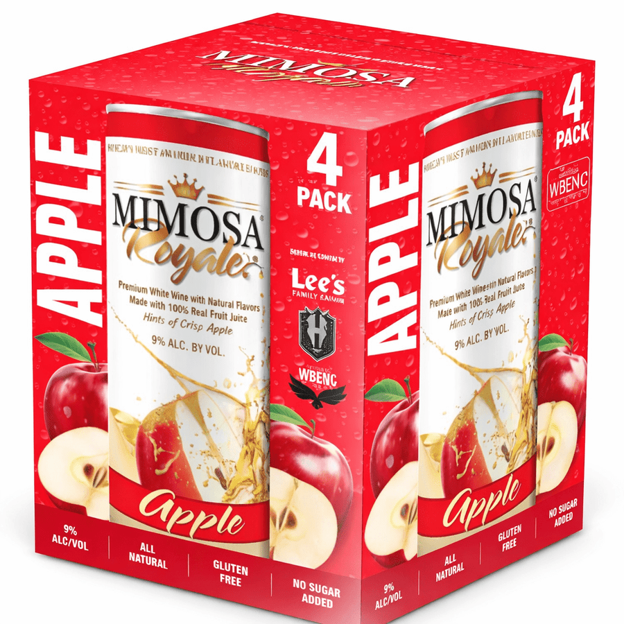 Mimosa Royale Apple Pack 4 , mix of different Muscat Wines, blended with only the best 100% Natural Crisp Red Apples Juice, 355 mL, 9% ABV - Terra Global Beverages