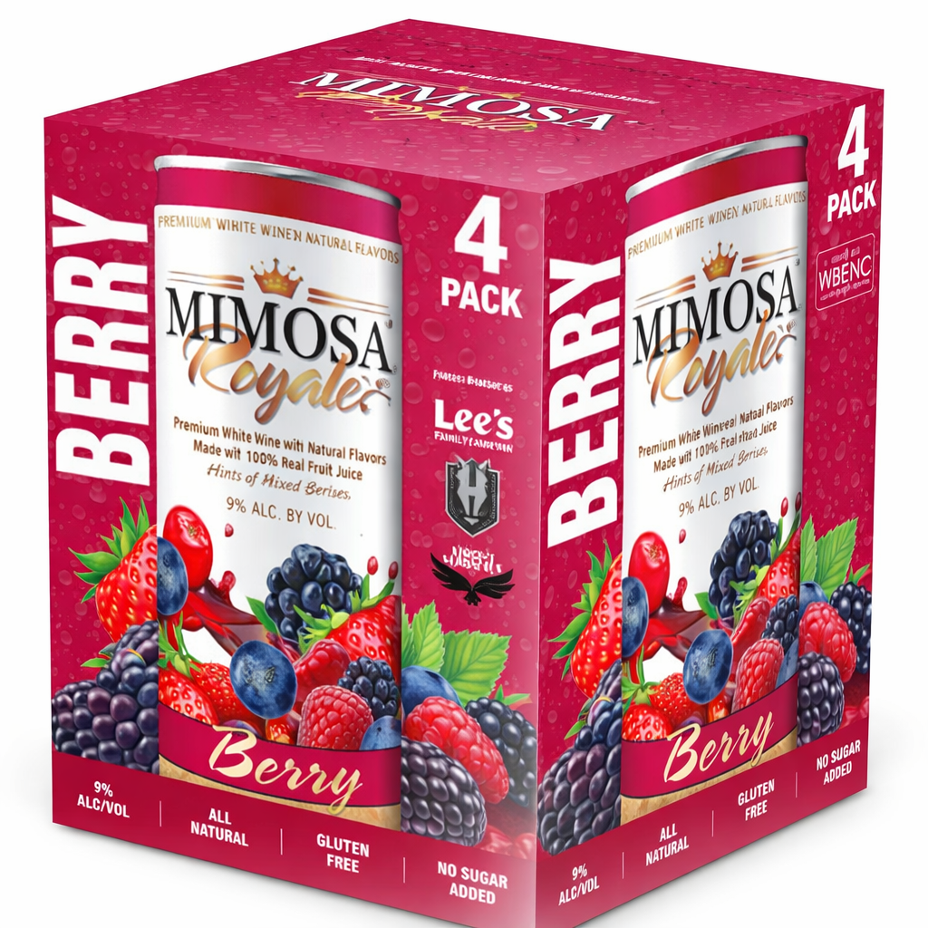 Mimosa Royale Berry Pack 4 , mix of different Muscat Wines, blended with only the best 100% Natural Fresh Straberry, Blueberry and Raspberry, 355 mL, 9% ABV - Terra Global Beverages