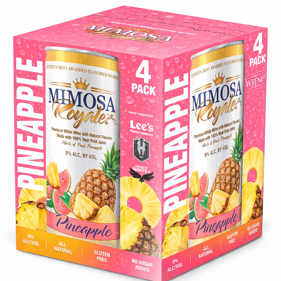 Mimosa Royale Pineapple Pack 4 , mix of different Muscat Wines, blended with only the best 100% Natural Fresh Pineapplle with hints of Guava, 355 mL, 9% ABV - Terra Global Beverages
