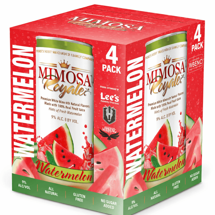 Mimosa Royale Watermelon Pack 4 , mix of different Muscat Wines, blended with only the best 100% Natural Fresh Watermellon, with hint of rose Water, 355 mL, 9% ABV - Terra Global Beverages